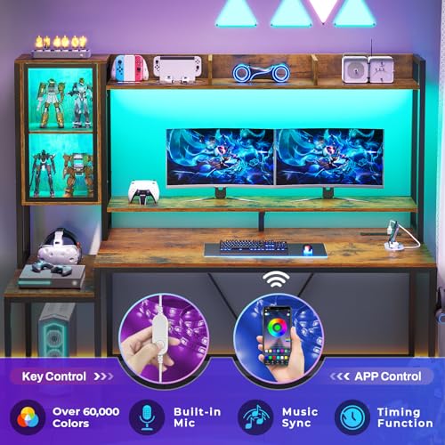 SEDETA 60'' Gaming Desk with Storage, Hutch, Display Cabinet and LED Lights - color: Rustic Brown