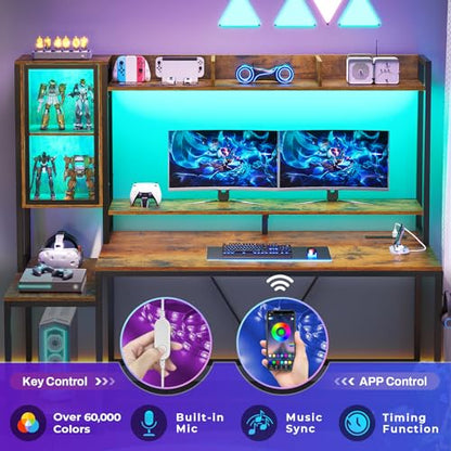 SEDETA 60'' Gaming Desk with Storage, Hutch, Display Cabinet and LED Lights - color: Rustic Brown