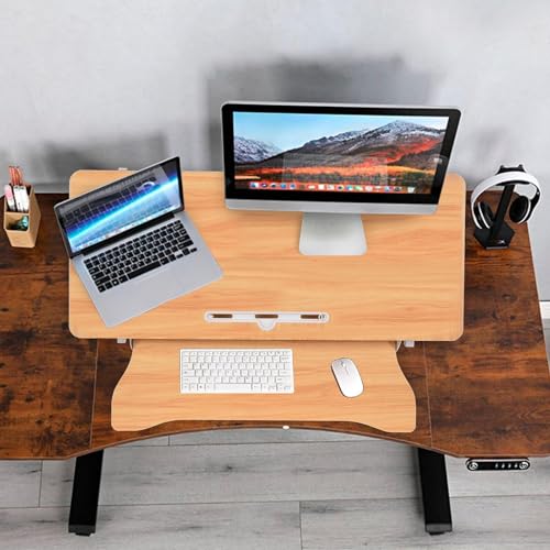Standing Desk Converter 37 Inch – Height Adjustable Desk Riser with GasSpring Lift, Duals Screen Converter and Laptop Workstation, Sit Stand Ergonomic Riser with Wide Keyboard Tray for Offices (Wood) - color: Natural Wood