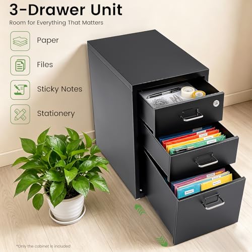 3-Drawer Metal Vertical File Cabinet, Narrow Mobile File Cabinet with Lock and 2 Keys, Under Desk Storage Drawer for Study Home-11 * 16 * 18.3in (Black) - color: Black