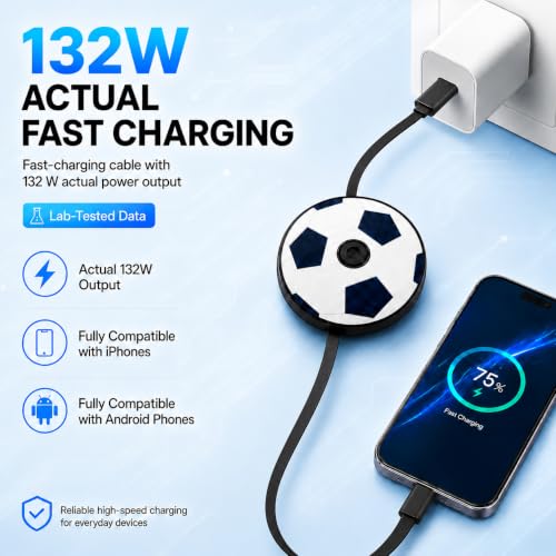 Retractable USB-C to USB-C Cable 132W Fast Charging Anti-Tangle Type C to Type C Cable,Soccer-Shaped Fun Spinner,Car Travel Essentials for iPhone 17/16/15,Galaxy S25/S24/S23,Pixel 9/8