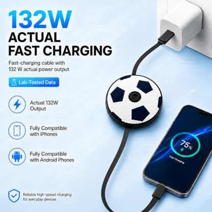 Retractable USB-C to USB-C Cable 132W Fast Charging Anti-Tangle Type C to Type C Cable,Soccer-Shaped Fun Spinner,Car Travel Essentials for iPhone 17/16/15,Galaxy S25/S24/S23,Pixel 9/8