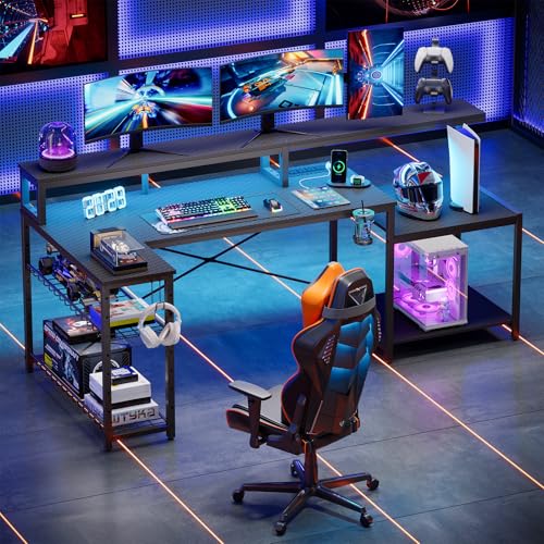 Bestier 71.5 Inch L‑Shaped Gaming Desk with LED & Power Outlets, Black | Large Desk with Monitor Stand, Adjustable Shelf & Printer Stand, Cup Holder, Headset Hooks for Gaming & Home Office - color: Black Carbon Fiber