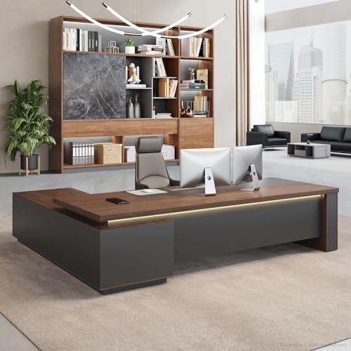 63" Reversible L-Shaped Executive Desk with Power Outlets and Drawers - color: Red Walnut+graphite Gray, size: 63 x 63 x 30 in