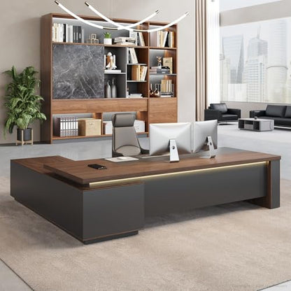 95" Reversible L-Shaped Executive Desk for CEO's Office - color: Red Walnut+graphite Gray, size: 95"L x 71"W