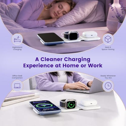 15W Magnetic Travel Charging Station, 3-in-1 Foldable MagSafe Charger - color: White