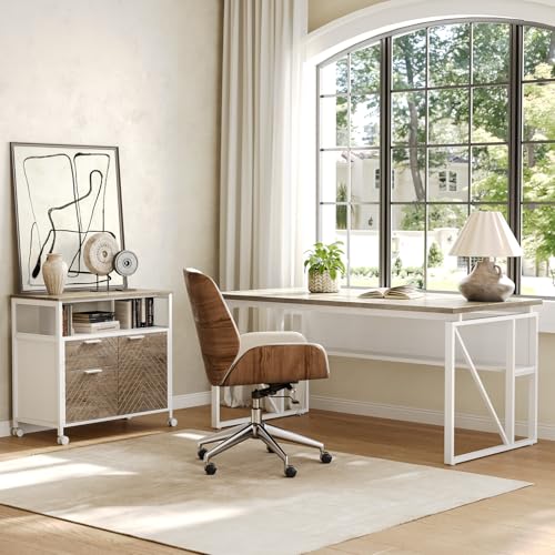 LITTLE TREE 63-Inch Office Desk with 31.5-Inch Lateral File Cabinet, Study Writing Desk Computer Desk for Home Office - color: Grey + White