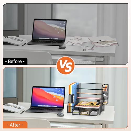 5-Tier Desk Organizer with File Holder & Pen Holder & Sliding Drawer, Black - color: Black