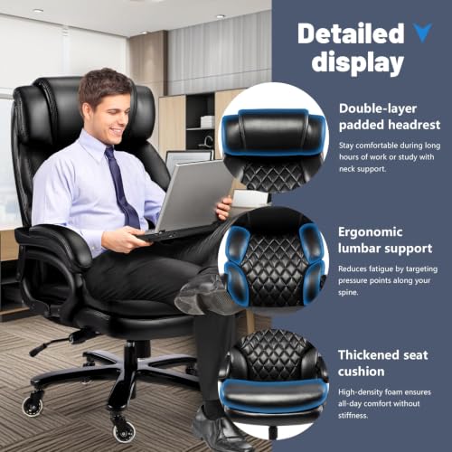 800LBS Big and Tall Office Chair for Heavy People, Heavy Duty Executive Chair with High Back, Extra Wide Seat and Adjustable Lumbar, Large Computer Desk Chair Comfortable for Home Office - color: Black