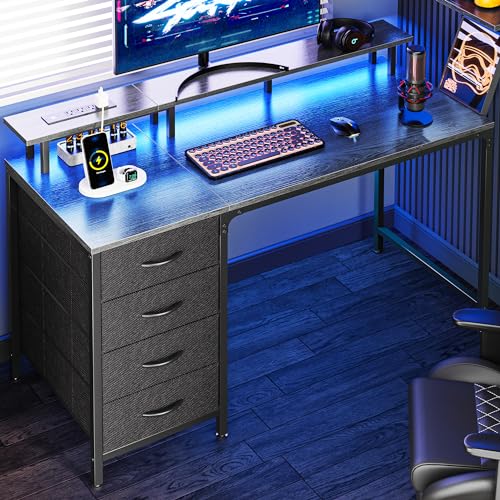 Huuger 47 Inch Computer Desk with Power Outlets and LED Lights, Gaming Desk with 4 Drawers, Office Desk with Monitor Stand, Study Desk Work Desk for Home Office, Small Spaces, Gray - color: Grey, size: 47 INCH