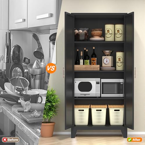 61'' Tall Metal Garage Storage Cabinet with Doors (Black) | Cabinets Adjustable Shelves,Heavy Duty Steel Pantry File Cabinet for Home Office, Kitchen ,School, Utility - color: 61''black