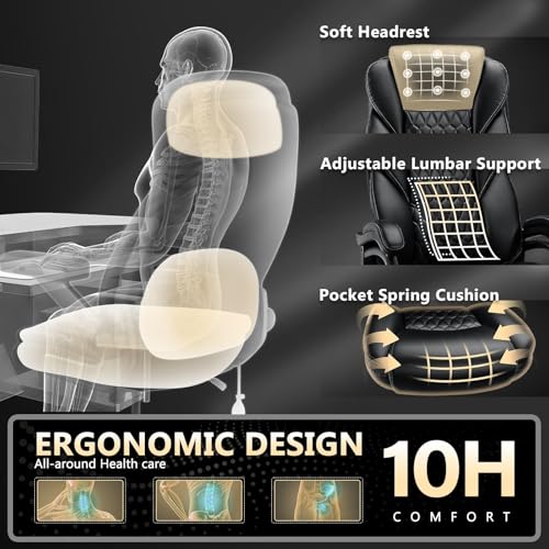 600lbs Big and Tall Office Chair with Pocket Spring Cushion, Heavy Duty Office Chair for Low Back Pain Relief, Large Executive Office Chair (Classic, Black with Gel Seat Cushion) - color: Black With Gel Seat Cushion