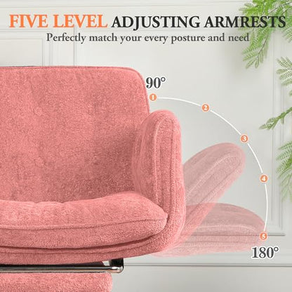 Criss Cross Chair with Footrest & 5 Level Folding Arms Full Relaxation, Wide Cross Legged Office Chair for Home Office, Comfy Swivel Desk Chair with Ottoman, Chenille Vanity Chair (Pink) - color: Pink, style: With Footrest