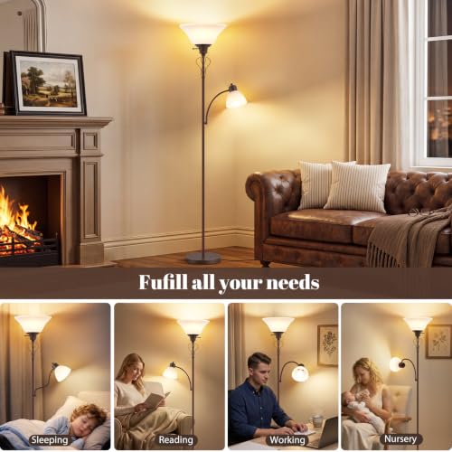 Floor Lamps for Living Room, 70" Tall Torchiere Floor Lamps, Plastic Shade | Tall Lamp with Adjustable Gooseneck Reading Light, Modern Corner Standing Lamp for Bedroom, Office, Separate On/Off Switch - color: Red Brown
