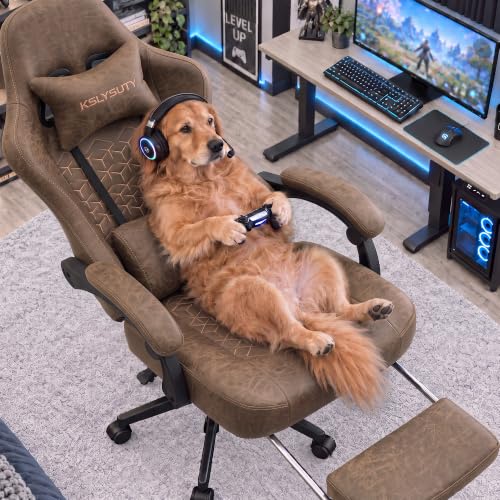Desk Computer Gaming Chair - Ergonomic Game Office Chair with Extended Footrest and Massage Lumbar Support, Home Gamer Video Game Chairs with Spring Cushion for Adults (Pro Brown Leather) - color: Pro Brown Leather
