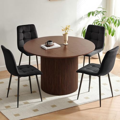Homedot Wood Kitchen & Dining Room Table Set for 4, 47-Inch Round Dining Table with Black Chairs Tufted Set, Walnut Veneer Tabletop, Pedestal Breakfast Dinner Dinette Table Set - color: Black, size: 1* Walnut Color Table+4*Chair