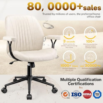 Leather Office Chair with Removable Armrests, Mid Back Ergonomic Desk Chair with Lumbar Support, Adjustable Height Rocking Swivel Executive Chair for Home Office, White - color: White