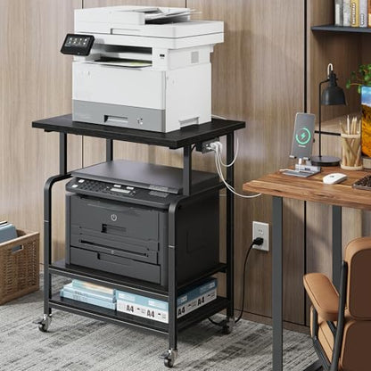 YAOHUOO 3 Tier Large Printer Stand with Power Outlet/Adjustable Shelf - color: Black, size: 23.6"×19.6"