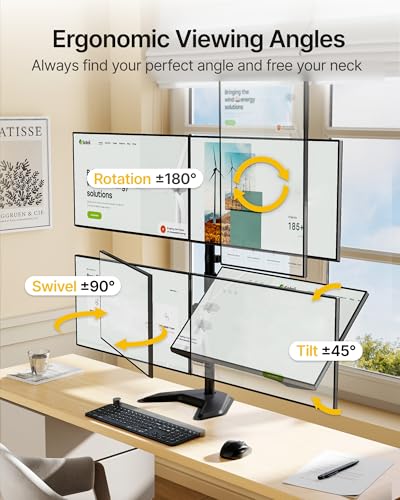 monTEK Freestanding Quad Monitor Stand for Four 17-32" Screens, 22 lbs Each | Solid V-shaped base, four-screen full-motion arms, height adjustment, tilt, swivel, rotation and VESA 75/100 - size: Quad Monitor
