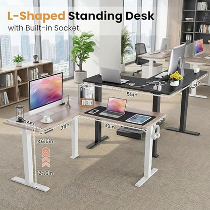 63 Inch Reversible L Shaped Standing Desk with Power Outlets, Black - color: Black, size: 63×55'' with Outlet