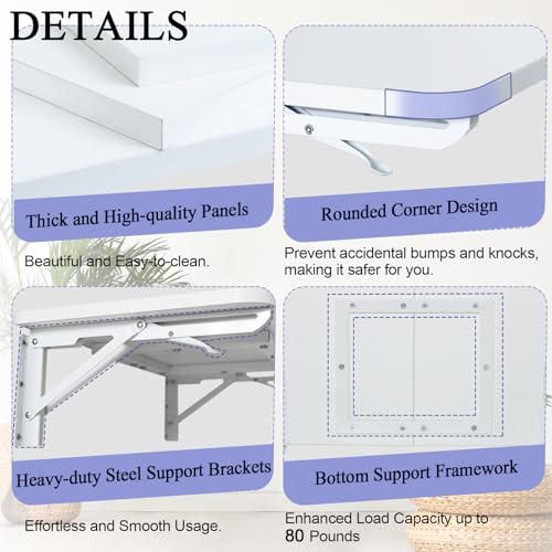 TEAMIX Wall Mounted Folding Desk for Small Spaces, White Floating Shelf - color: White, size: 23.6"W x 11.8"D