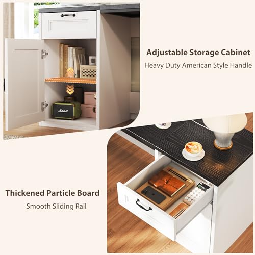 HUAHUU 63" Farmhouse Executive Desk with Drawers, Modern Computer Desk with Power Outlets, Office Writing Desk with Monitor Stand & Storage Cabinet, Printer Shelf, Antique White - color: Black and White