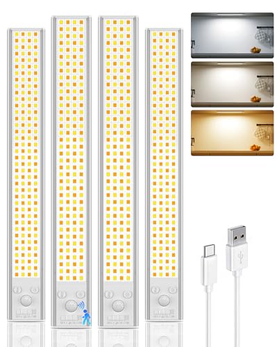 12inch Under Cabinet Lighting, 152LED Motion Sensor Light Indoor, USB Rechargeable Closet Lights, 3 Color Temps, Dimmable, Wireless Under Counter Lights for Kitchen, Stairs, Pantry, 4 Pack - color: 152LED-12IN, size: 4 Pack