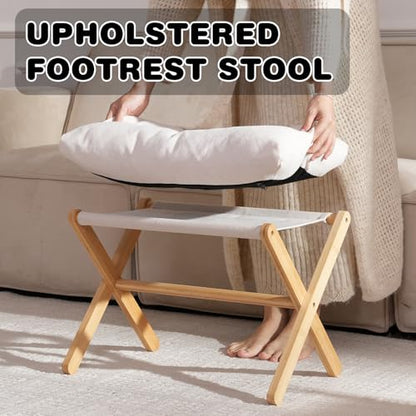 Baveke Ottoman Foot Rest- Bamboo Foldable Stool, Foot Stools Small Ottman with Upholstered & X Legs, Folding Stool for Makeup, Bedroom and Living Room (Large Beige) - color: Large Beige, size: 21.3"D x 13.4"W x 18.5"H