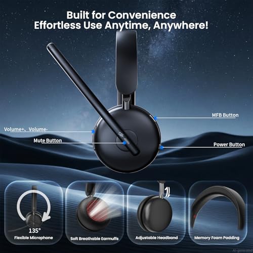 Wireless Headset with Mic for Work, One-Tap Mute & USB Dongle, Bluetooth 5.3 Headset, AI Noise Cancelling Mic, Wireless Headphones with Mic & 65H, Wireless Headset for PC/Teams/Computer/Laptop/Study
