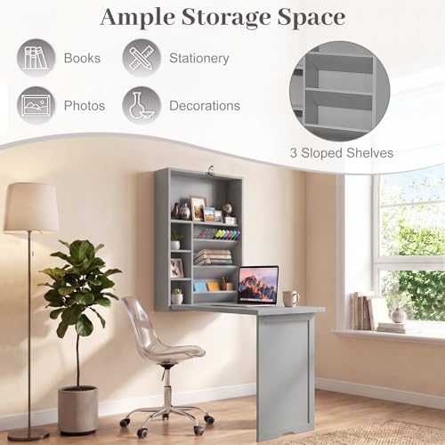 Tangkula Folding Wall Mounted Desk, Convertible Fold Out Floating Table with Storage Shelves, Space-Saving Drop Leaf Table, Murphy Desk for Craft, Study, Small Spaces, Home Office, Dorm, Grey - color: Grey