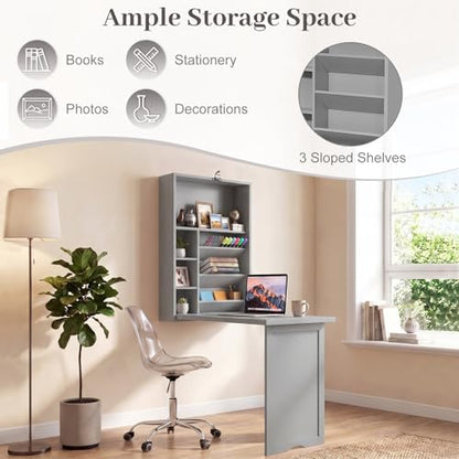 Tangkula Folding Wall Mounted Desk, Convertible Fold Out Floating Table with Storage Shelves, Space-Saving Drop Leaf Table, Murphy Desk for Craft, Study, Small Spaces, Home Office, Dorm, Grey - color: Grey