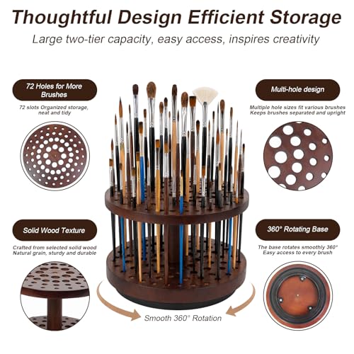 Solid Wood 360° Spinning Paint & Makeup Brush Organizer - color: brown（72 Holes）