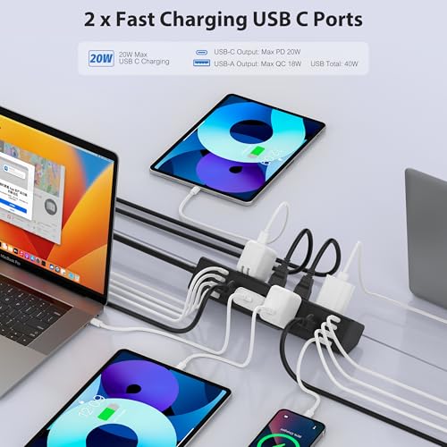 Jgstkcity Desk Clamp Power Strip 40W USB C,8 Outlets,8 USB,6FT,Black | 40W Fast Charging Station,4 USB-C,4 USB-A,Furniture Nightstand Edge Mount Surge Protector, Fits 1.9" Tabletop Edge - color: Black, size: 6FT Length