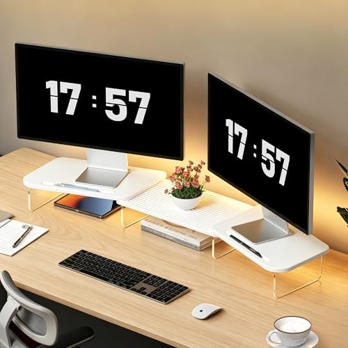 AFOOYO LED Dual Monitor Stand Riser for 2 Monitors,Office Desktop Wooden Stand Adjustable Length and Angle 3 Shelf,Extra Long Multifunctional Stand up to 39.3" for Computer,Laptop,TV,White