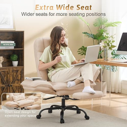 Wider Seat Office Chair with Flip Armrests for Criss Cross Legged&Cats, Big and Tall Executive Ergonomic Reclining Chair with Footrest&Lumbar Pillow, Teddy Fleece Desk Chair,Beige Vanity Chair - color: Beige