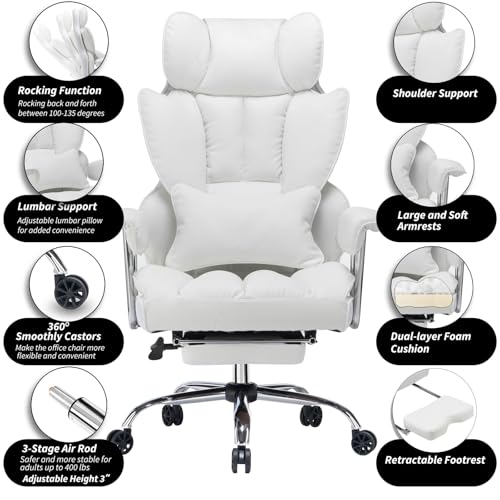 Efomao Big and Tall Office Chair 400lbs – High Back Executive Chair with Swivel Base, PU Leather Upholstery, Lumbar Pillow, Padded Armrests, and Rolling Wheels，White Computer Chair - color: 3008y White