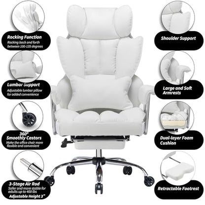 Efomao Big and Tall Office Chair 400lbs – High Back Executive Chair with Swivel Base, PU Leather Upholstery, Lumbar Pillow, Padded Armrests, and Rolling Wheels，White Computer Chair - color: 3008y White