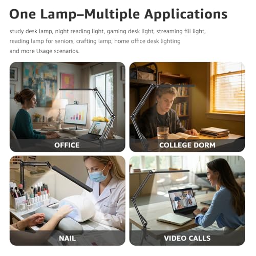 Upgrade Swing Arm LED Desk Lamp with Clamp, 80 LED Beads, 5 Color Modes & 11 Brightness Levels, 360° Adjustable Arm, Eye-Caring Light CRI95, Timer & Memory Function, for Office, Study, Crafting - color: Clip-Black