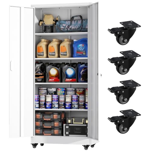 Greenvelly Metal Storage Cabinet with Wheels, 73" White Rolling Metal Cabinet with Locking Doors and Adjustable Shelves, Steel Tool Cabinet for Home Office, Garage and Warehouse (32" W x 16" D) - color: White, size: Rolling 73"