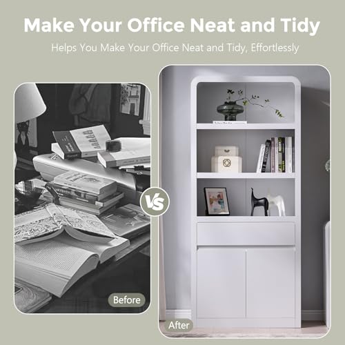 72" Tall Modern Bookshelf with Doors, 5-Tier Large Bookcase w/Drawer, Wooden Storage Cabinet w/Adjustable Shelves, Versatile Book Shelf w/Curved Profile Design for Living Room, Office, White - color: White