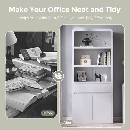 72" Tall Modern Bookshelf with Doors, 5-Tier Large Bookcase w/Drawer, Wooden Storage Cabinet w/Adjustable Shelves, Versatile Book Shelf w/Curved Profile Design for Living Room, Office, White - color: White