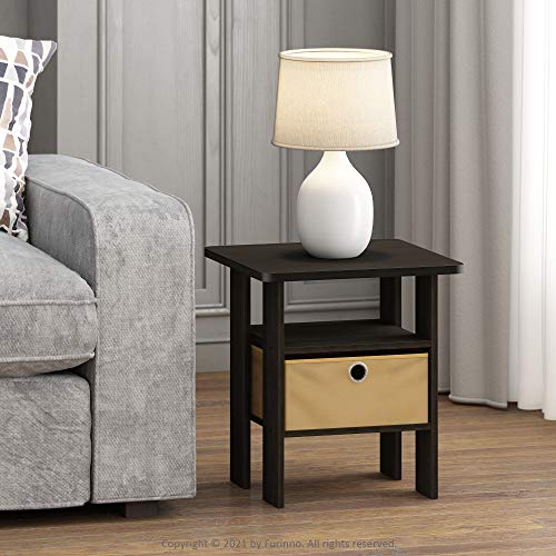 Furinno ANDREY Square Side Table, End Table, Night Stand, Espresso | Open Shelves, Storage Bin, Soft-Corner, Modern Bedside Table for Small Spaces, Study, Dorm, Living Room, Bedroom - color: Espresso/Brown, size: 1-Pack, Center Bin