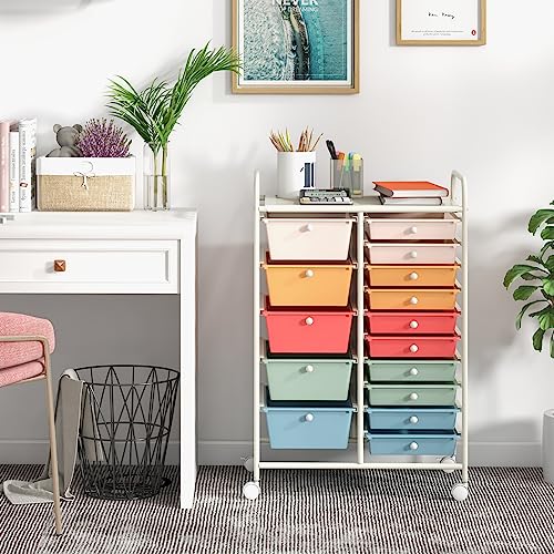 Giantex 15 Drawers Rolling Cart, Classroom Organizers, Storage Cart with Wheels, for Teacher Office Home School Supplies Tool Craft Art Paper - color: Macaron Multicolor, size: 15 Drawers (5 Big +10 Small)