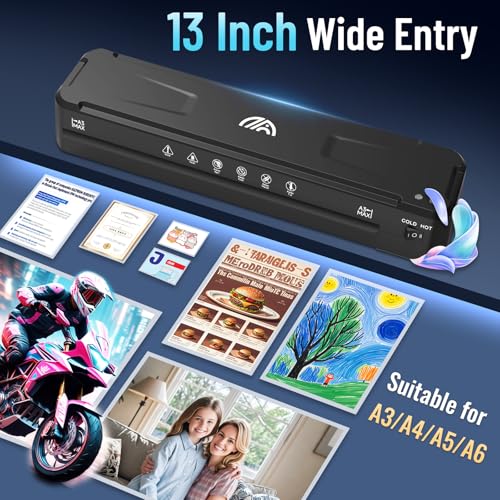 13 Inch Laminator Machine with 50 Laminating Sheets, Cold & Thermal | Built-in Paper Cutter & Corner Rounder, Fast Warm-Up No Jam A3 Laminator for Home School Office