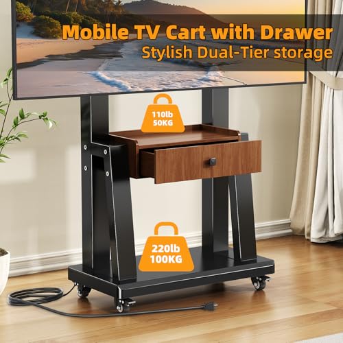 Mobile TV Stand on Wheels for 32-75 Inch TVs | with Drawer and Wheels,Height Adjustable,Screen Up to 150lbs,TV Stand for Bedroom,Indoor - color: Walnut