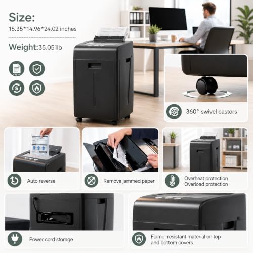 Paper Shredder Heavy Duty 200 Sheet Auto Feed P-5 Micro Cut | 60 Min Run Time Paper Shredder with 35L Pullout Bin/Credit Cards/CDs/Home Office and Small Business Use