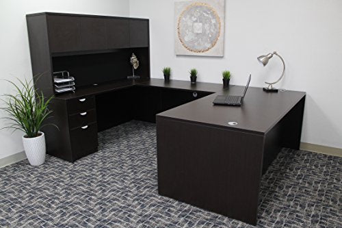 Boss Office Products Holland 71" Executive U-Shape Desk with File Storage Pedestal and Hutch, Mocha
