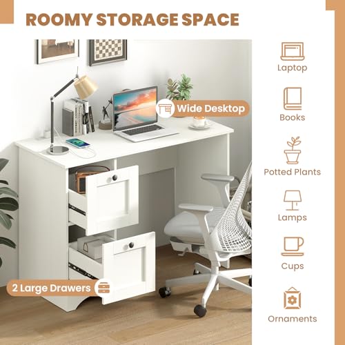 Giantex Computer Desk with 2 Drawers, 43” Wooden Home Office Desk with Charging Station, Compact Study Writing Desk, Modern Laptop PC Desk Computer Workstation for Bedroom, Living Room (White) - color: White