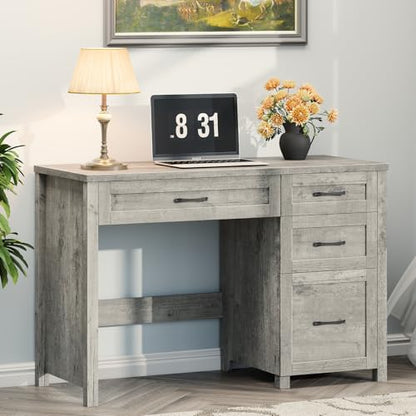 Vabches Farmhouse 47" Computer Desk with 4 Drawers, Grey | Executive Desk with File Drawer and Charging Station, Workstation for Home Office, Study - color: Grey Without Charging Station