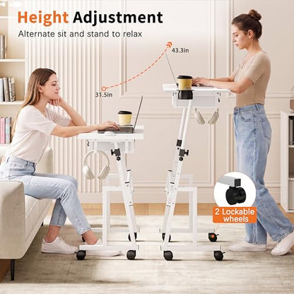 Honkazita Height Adjustable Standing Desk with Storage Drawer, White | Rolling Desk for Treadmill Walking Pad, Small Sit-Stand Desk with Lockable Wheels, Height Range 31.5"-43.3", Stable Design - color: White